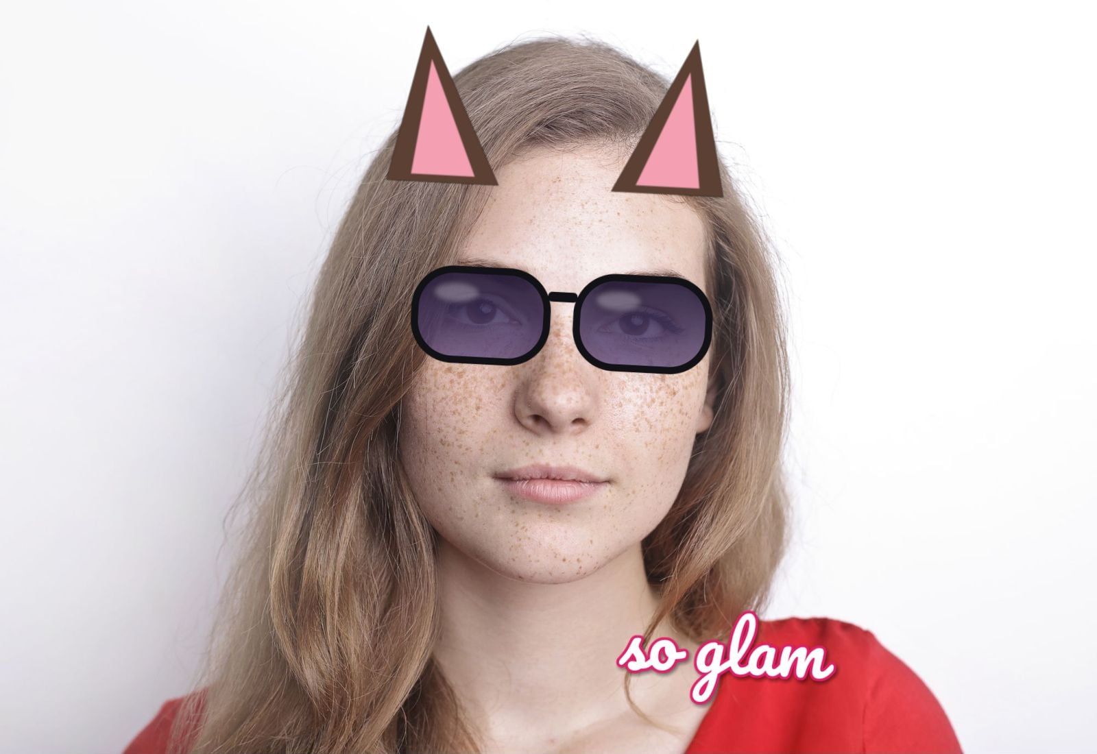 Stock portrait with cat ears, sunglasses and a "so glam" caption